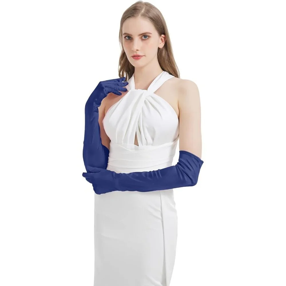 Women's Navy Blue Imported Satin Elbow Length Halloween Cosplay Opera Gloves